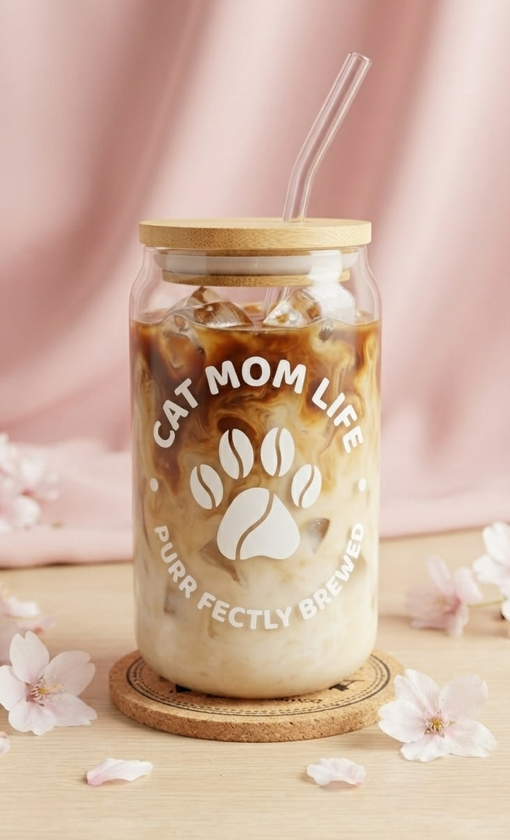 Cat Mom Life Glas mit Bambusdeckel & Strohhalm, Perfekt für Eiskaffee & Matcha