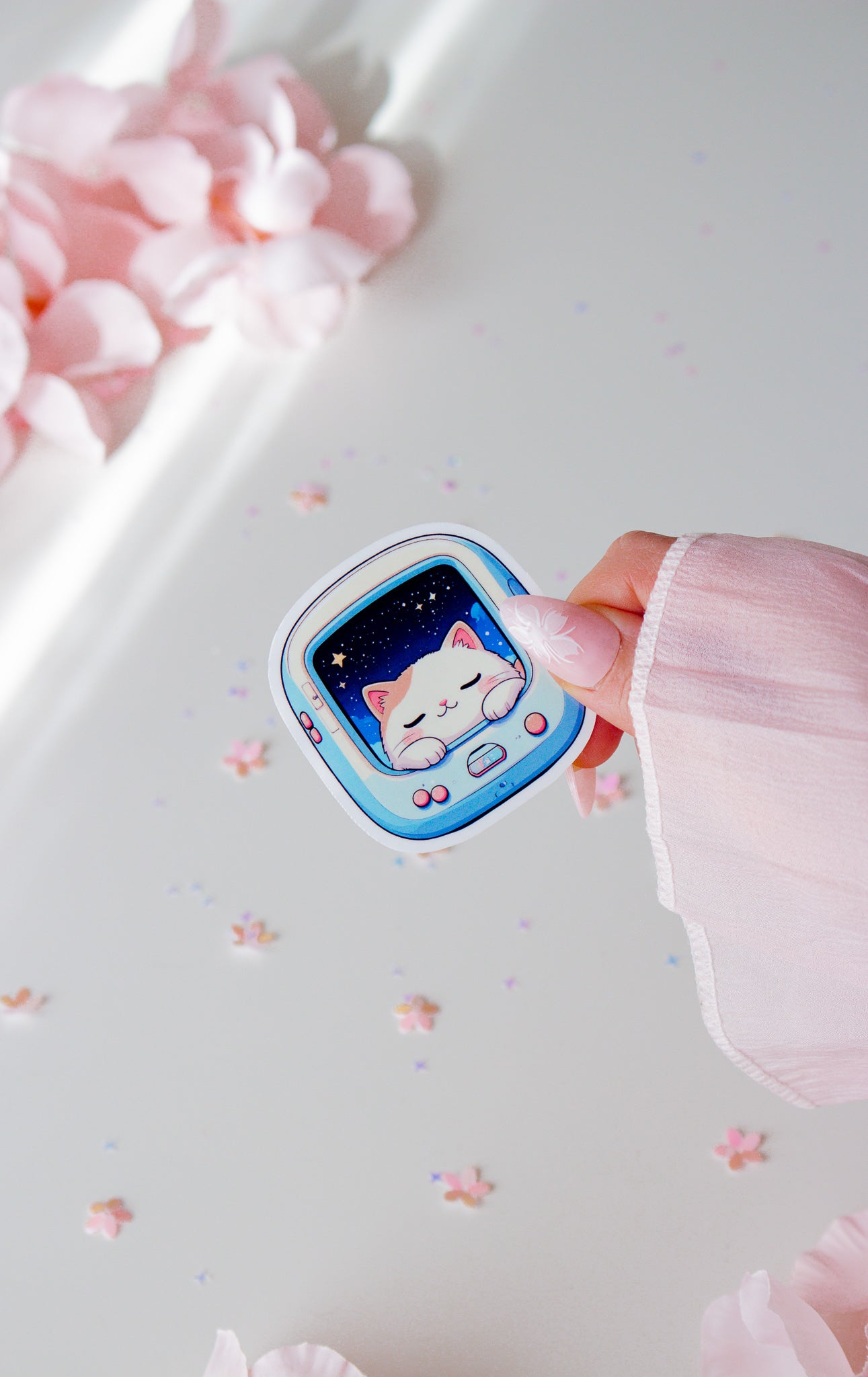 Kawaii Vinyl Sticker Space Cat, schlafendes weißes Kätzchen im Retro-Pet-Gerät mit Sternenhimmel, in der Hand gehalten vor rosa Blüten und Sternenkonfetti