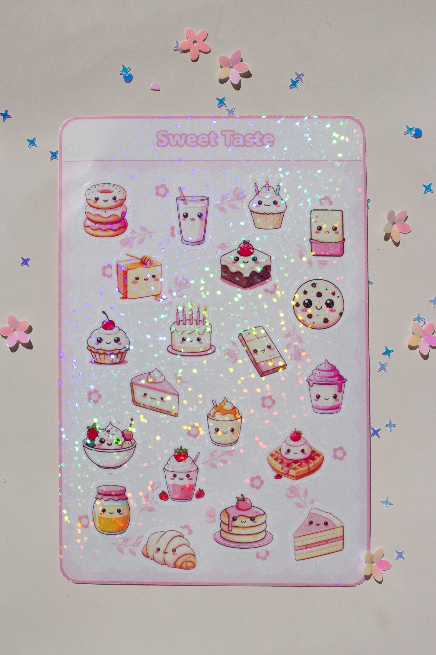 Sweet Taste Sticker Bogen mit holografischem Glitzereffekt – kawaii Süßigkeiten-Sticker mit schimmernder Oberfläche, Donut, Cupcake und Torte sichtbar, mit Blüten-Konfetti