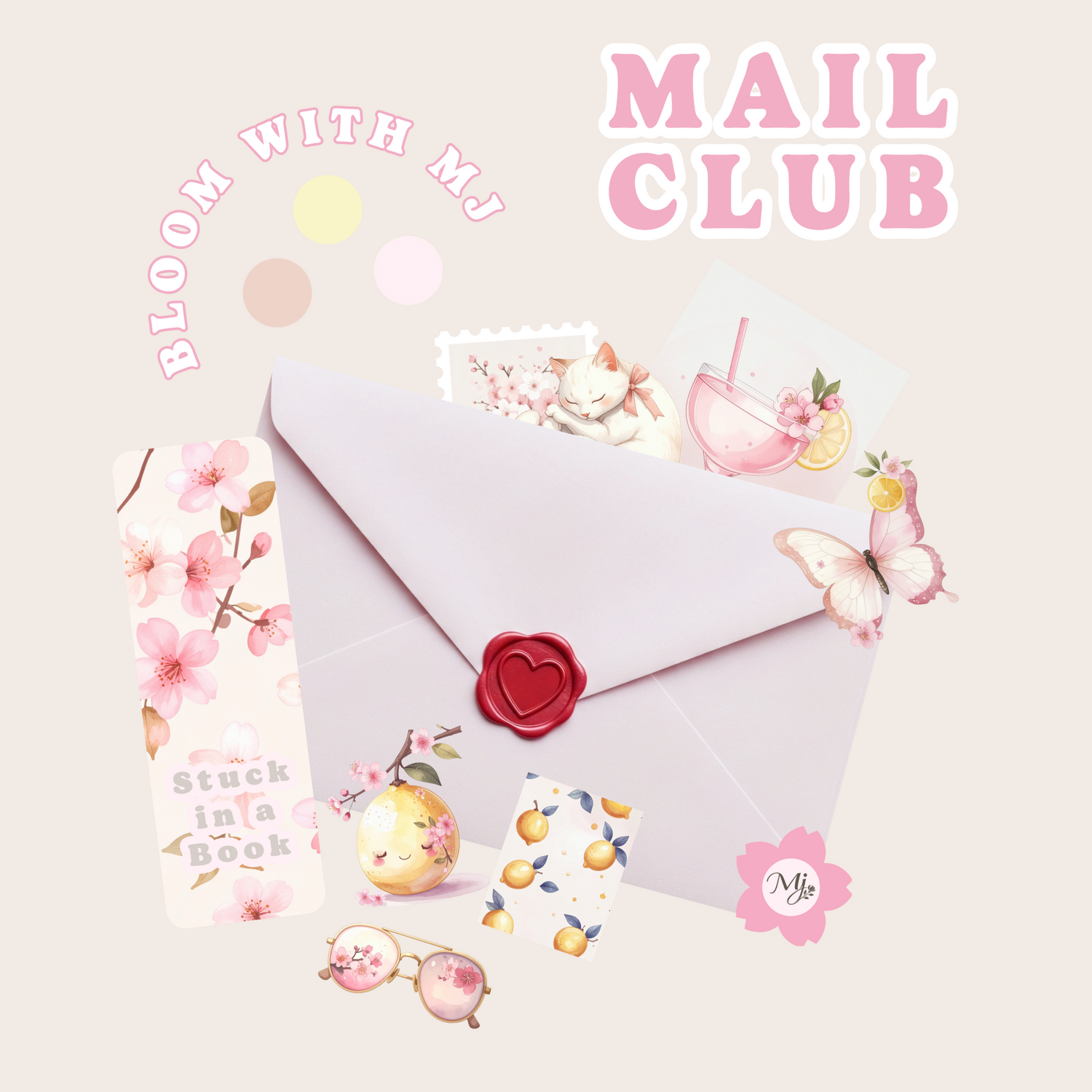 Mail club beispiel bild des inhalts, verschiedene journaling items , sticker, lesezeichen