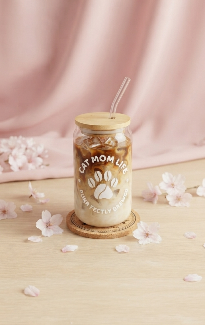 Cat Mom Life Glas mit Bambusdeckel & Strohhalm, Perfekt für Eiskaffee & Matcha
