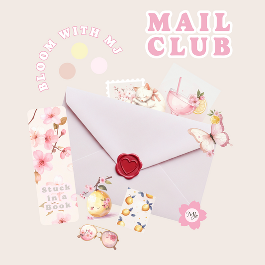 Bloom with Mj Mail Club – Umschlag mit Herzsiegel, Kirschblüten-Lesezeichen, Sticker und cute Illustrationen in Rosa