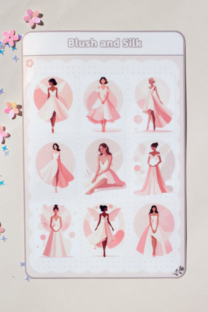 Blush and Silk Sticker Bogen – Schrägansicht mit 9 minimalistischen Frauen-Illustrationen in Blush- und Rosétönen, elegante Posen mit fließenden weißen Kleidern, umgeben von Blüten- und Glitzer-Konfetti