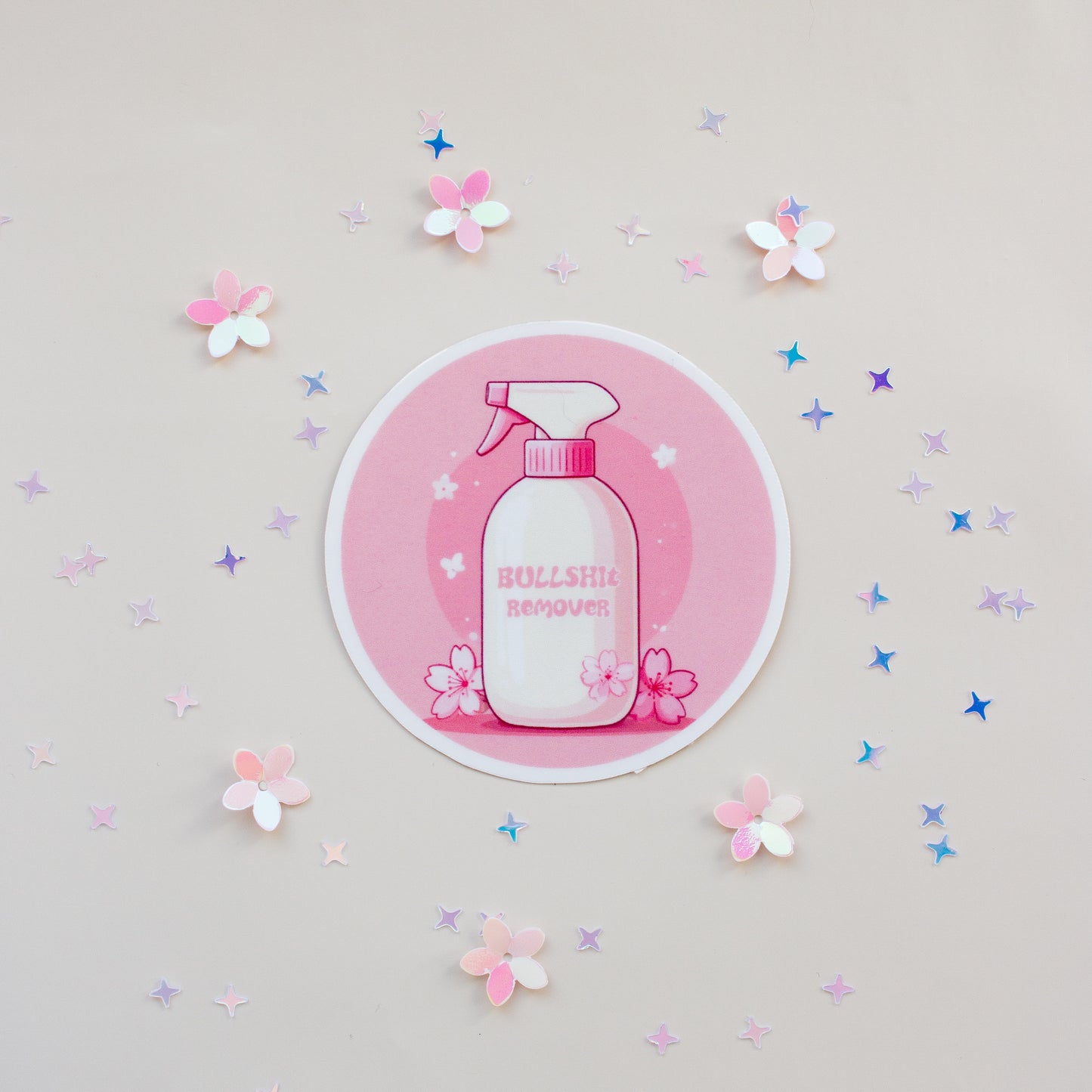 Bullshit Remover Kawaii Vinyl Sticker, rund, glossy, Einzelsticker auf hellem Hintergrund mit Kirschblüten-Konfetti