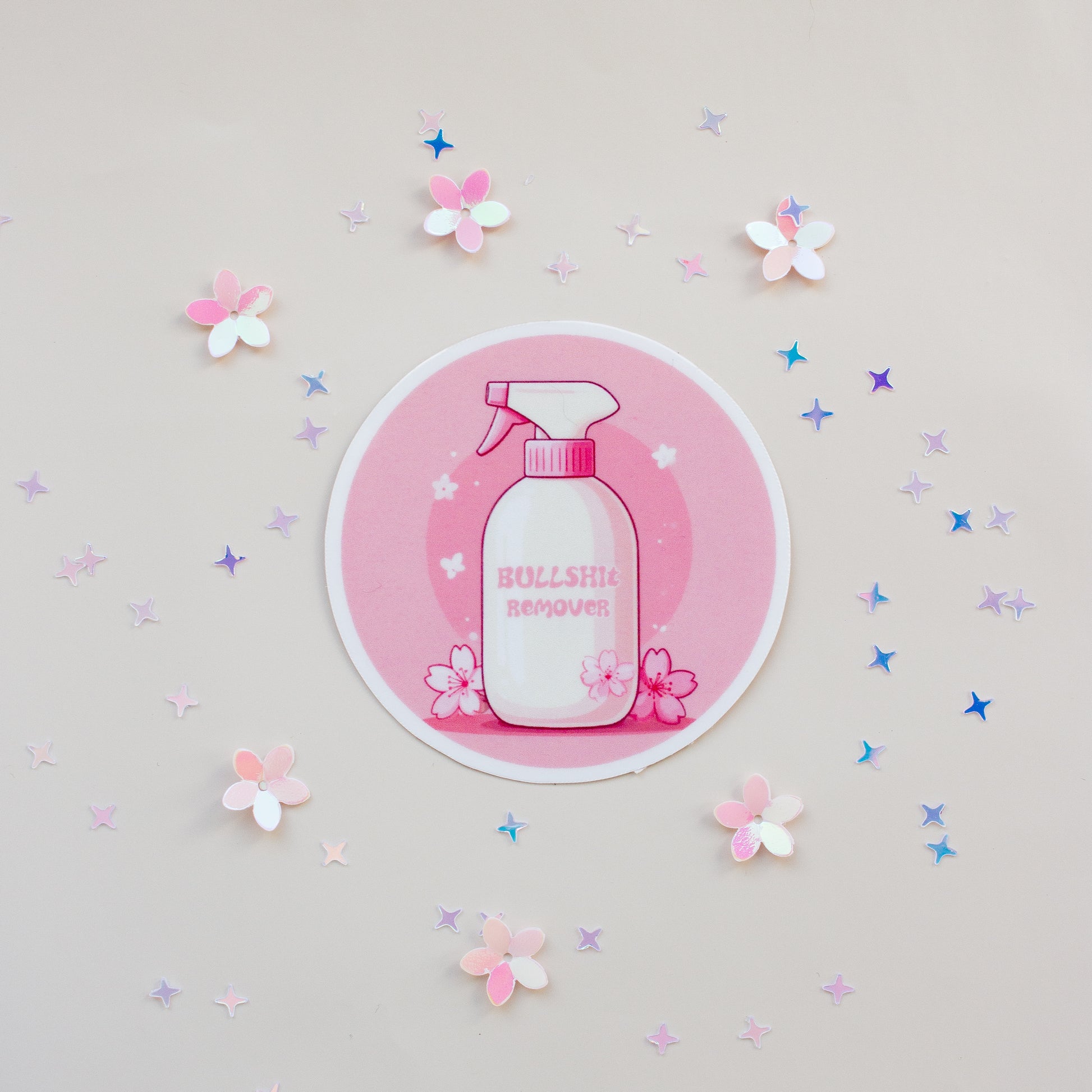 Bullshit Remover Kawaii Vinyl Sticker, rund, glossy, Einzelsticker auf hellem Hintergrund mit Kirschblüten-Konfetti