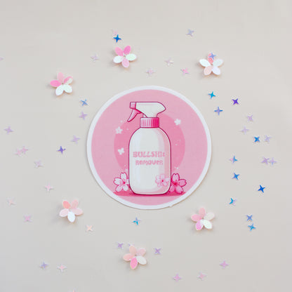 Bullshit Remover Kawaii Vinyl Sticker, rund, glossy, Einzelsticker auf hellem Hintergrund mit Kirschblüten-Konfetti