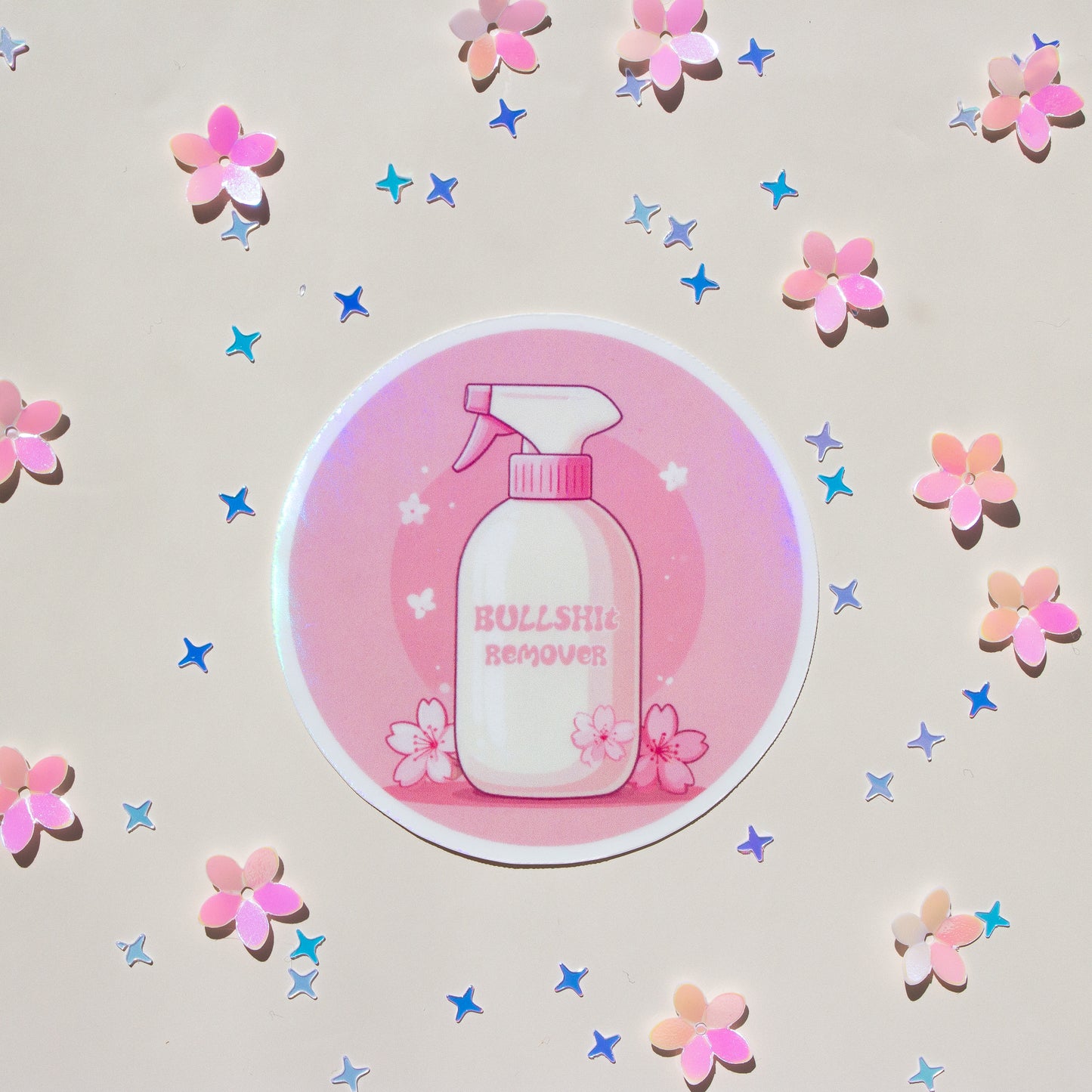Bullshit Remover Kawaii Vinyl Sticker, rund, glossy, Einzelsticker auf hellem Hintergrund mit holografischen effekt