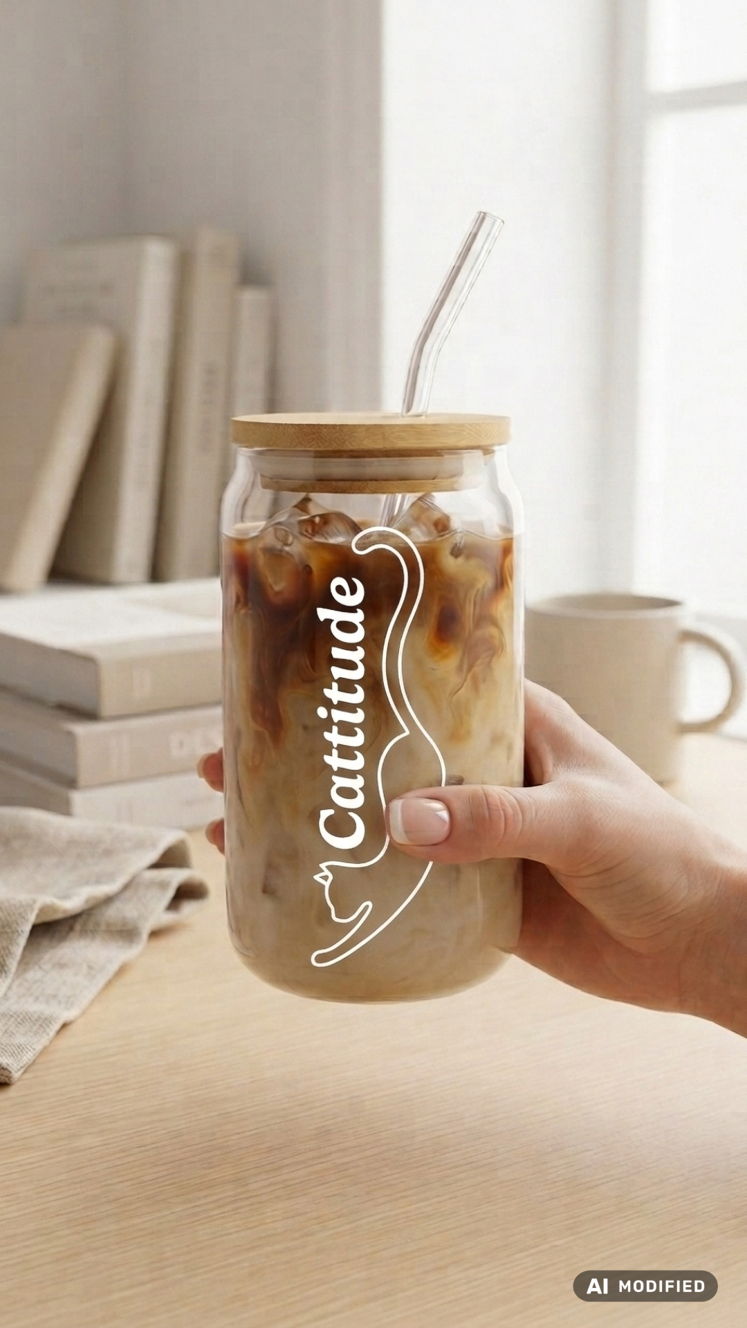 Cattitude Trinkglas mit Bambusdeckel und Glasstrohhalm, gefüllt mit Eiskaffee – Hand hält das Glas, weißes Katzen-Design