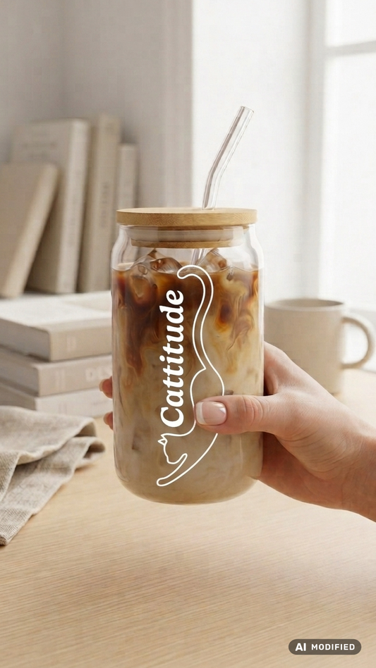 Cattitude Trinkglas mit Bambusdeckel und Glasstrohhalm, gefüllt mit Eiskaffee – Hand hält das Glas, weißes Katzen-Design