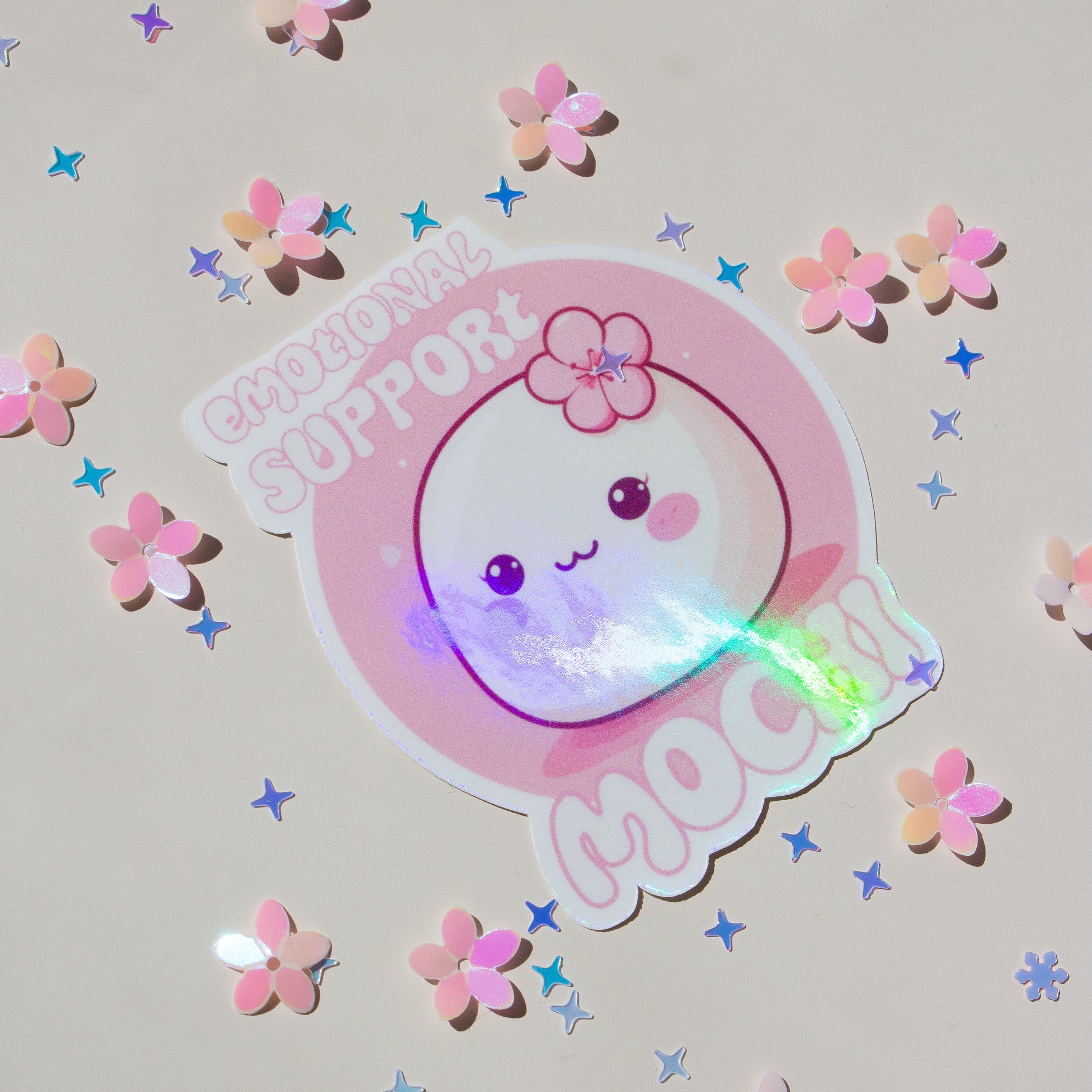 Emotional Support Mochi Sticker 3er Bundle, Vinyl Glossy, Kawaii Pastell-Pink mit Sakura-Konfetti, regenbogen effekt
