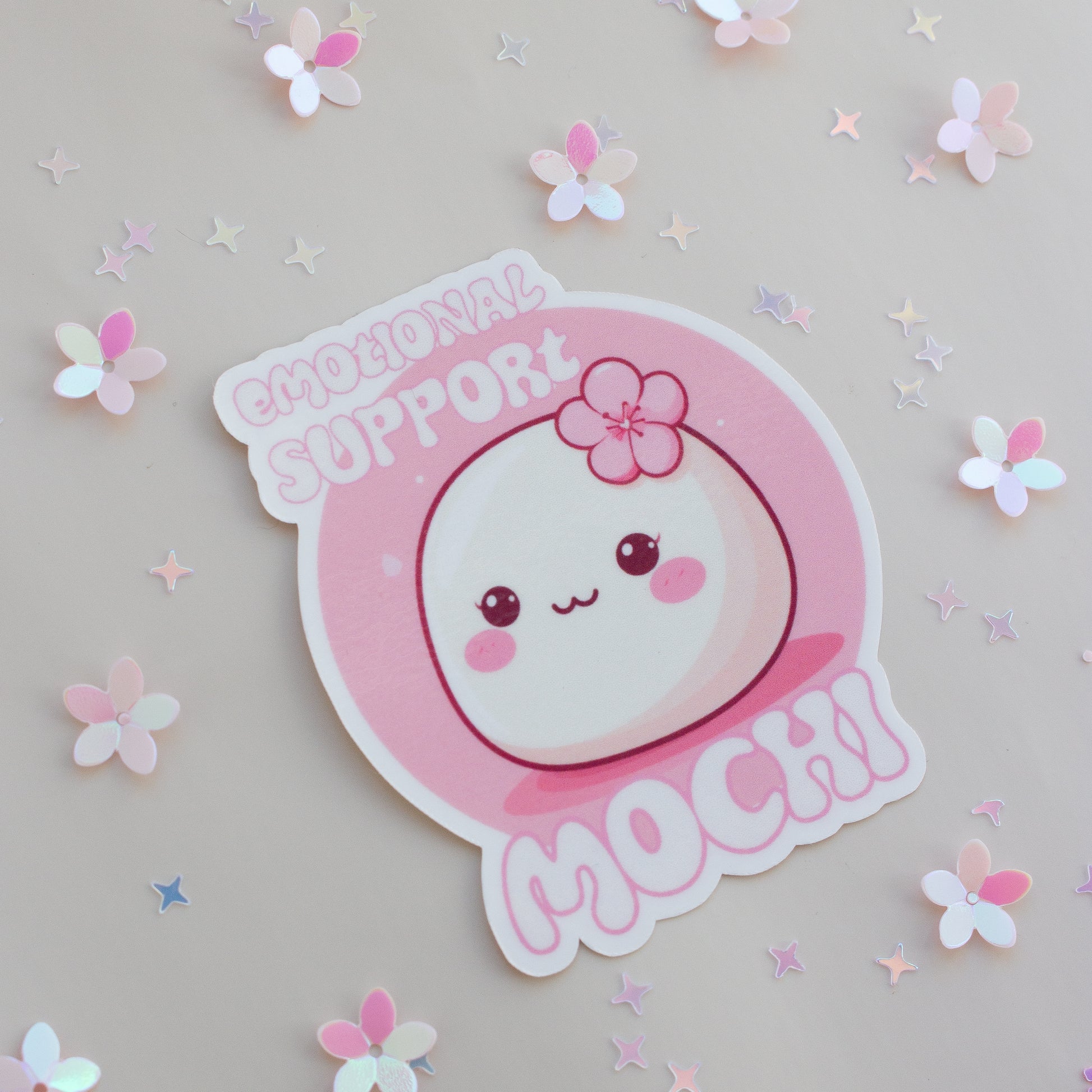 Emotional Support Mochi Sticker Einzelansicht, laminiert Glossy, Pastell-Pink auf neutralem Hintergrund
