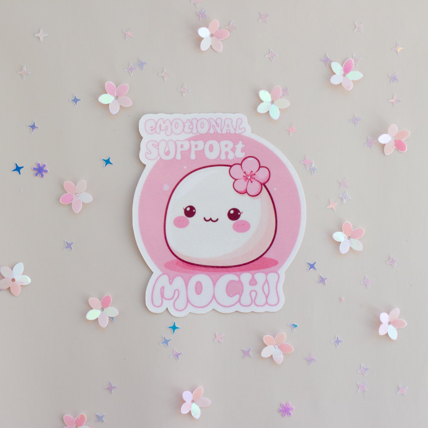 Emotional Support Mochi Vinyl Sticker, Glossy Finish, Pastell-Pink mit Kirschblüte, Kawaii Anime-Stil
