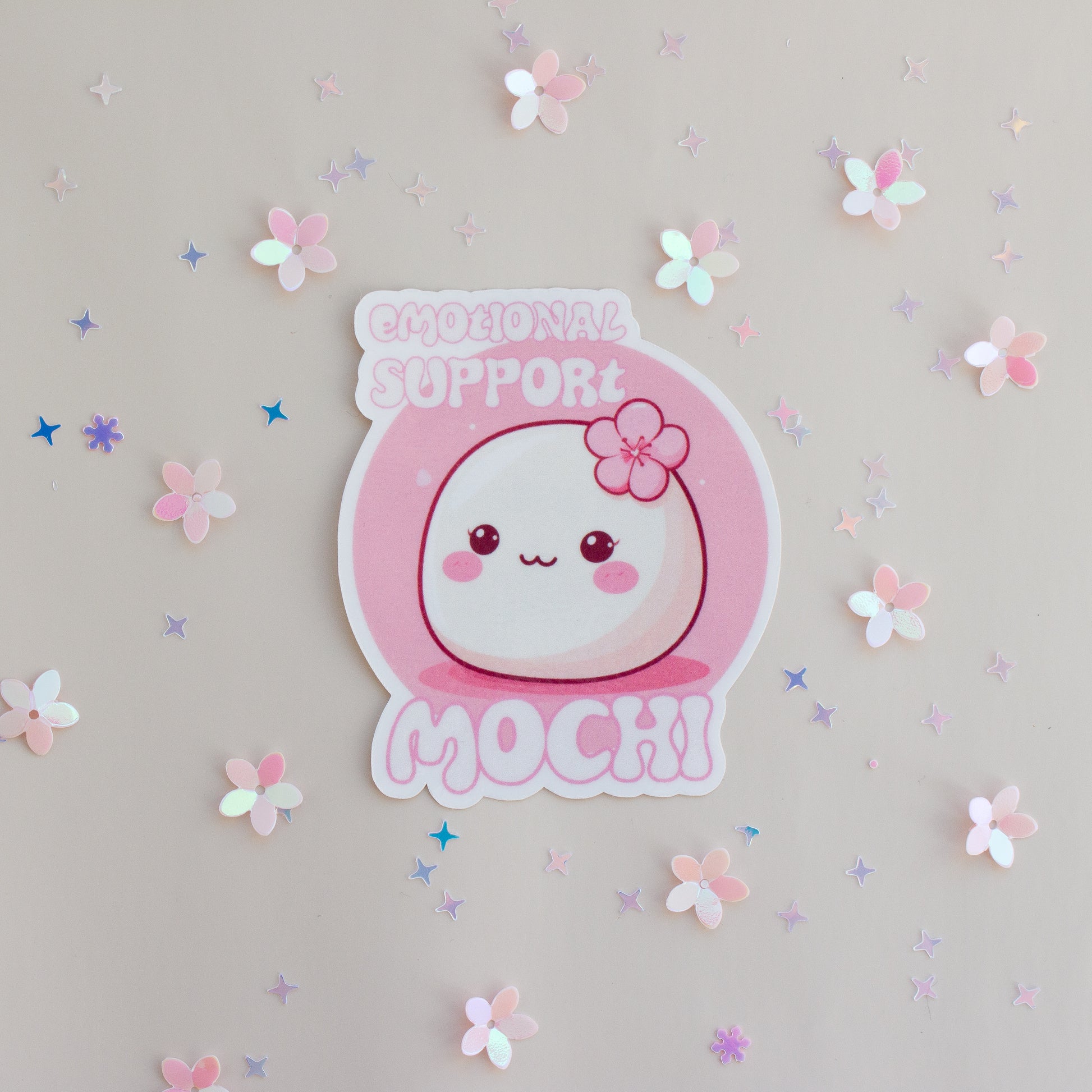 Emotional Support Mochi Vinyl Sticker, Glossy Finish, Pastell-Pink mit Kirschblüte, Kawaii Anime-Stil
