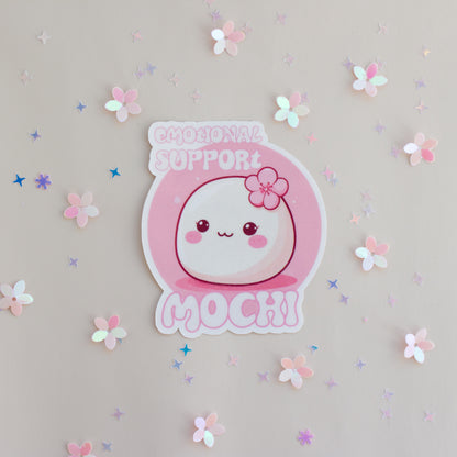 Emotional Support Mochi Vinyl Sticker, Glossy Finish, Pastell-Pink mit Kirschblüte, Kawaii Anime-Stil
