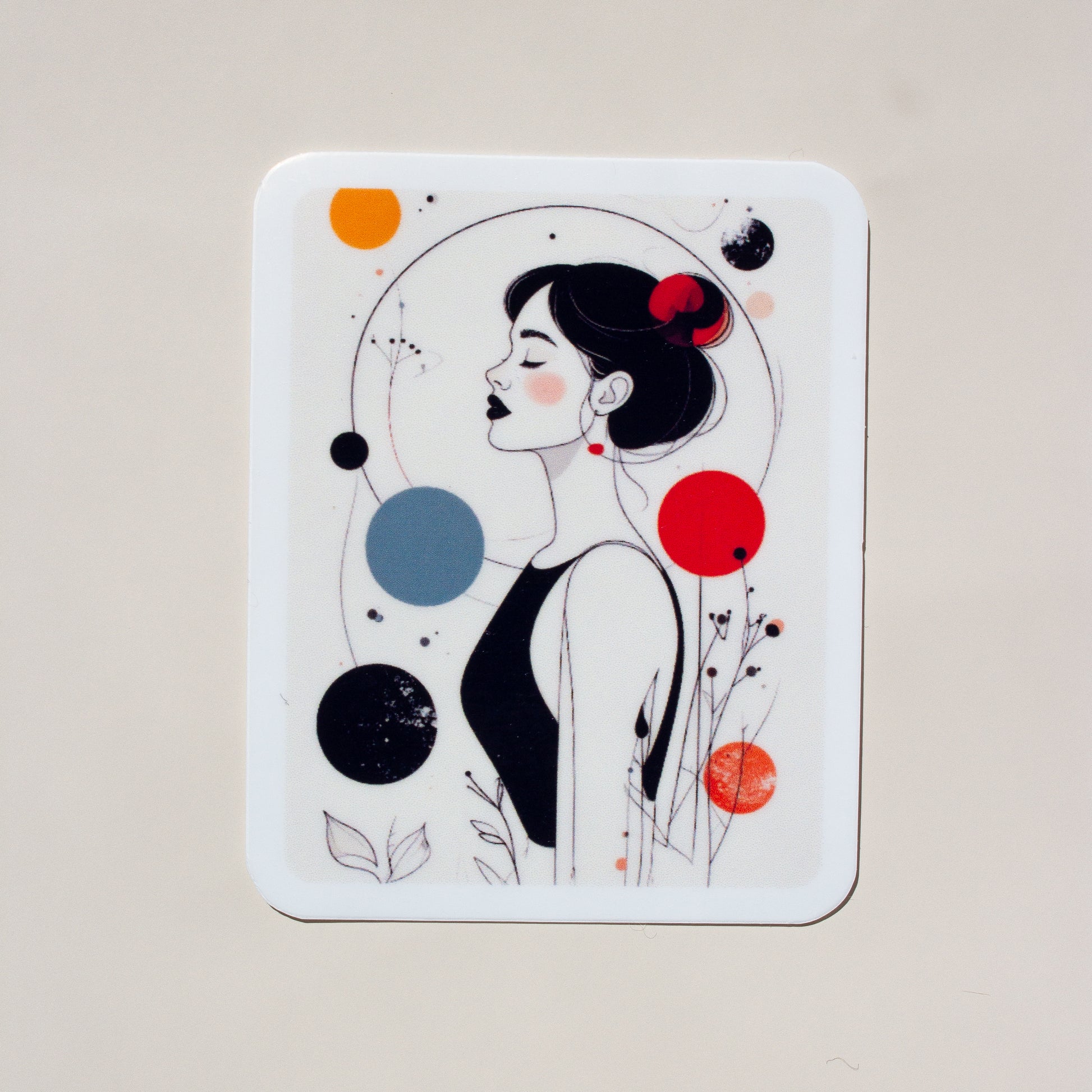 Frau Illustration Abstrakt Vinyl Sticker mit Kreisen in Rot, Orange & Blau auf weißem Hintergrund
