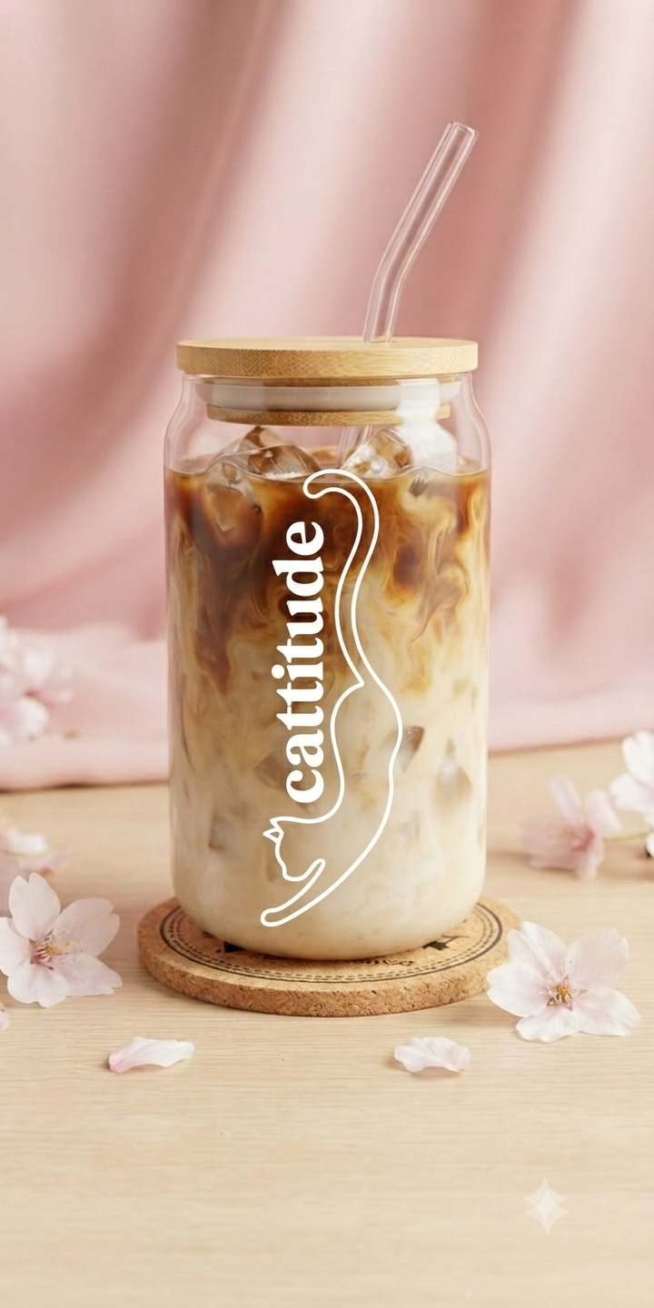 Cattitude Glas mit Bambusdeckel & Strohhalm