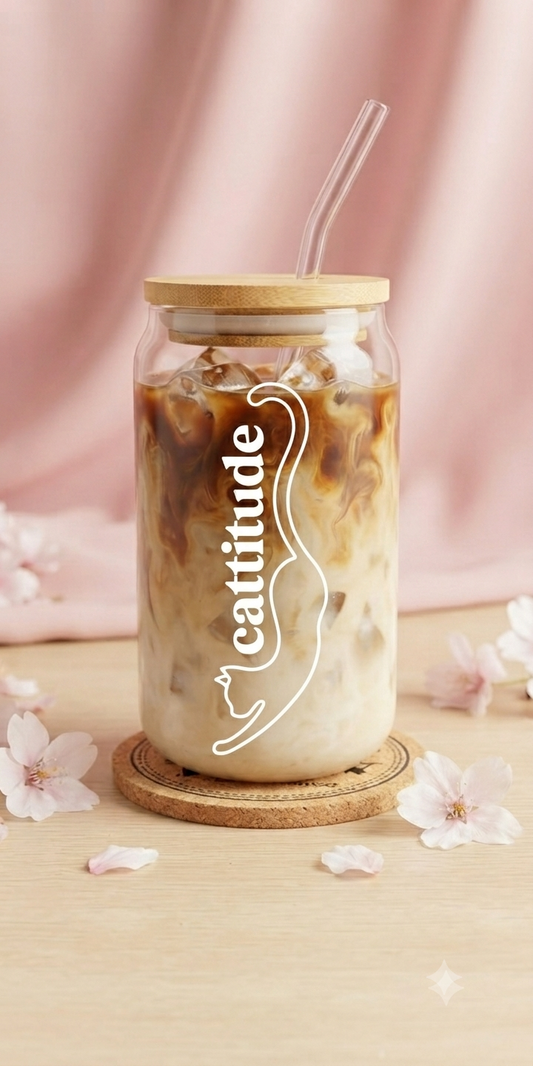Cattitude Glas mit Bambusdeckel & Strohhalm