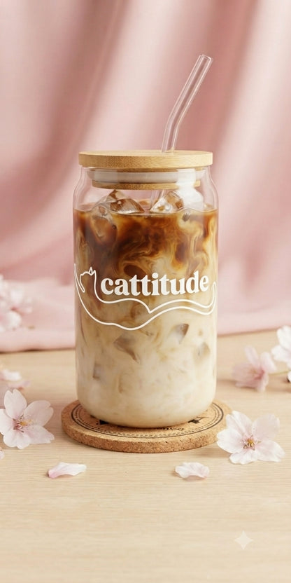 Cattitude Glas mit Bambusdeckel & Strohhalm