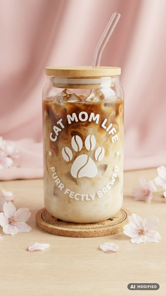 Glasbecher mit Bambusdeckel und Glasstrohhalm, gefüllt mit Eiskaffee, mit weißem Aufdruck „Cat Mom Life – Purr Fectly Brewed" und Katzenpfoten-Kaffeebean-Motiv, vor rosafarbenem Stoffhintergrund mit Kirschblüten. ki modifiziert