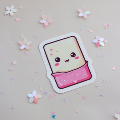 Kawaii Weiße Schokolade Vinyl Sticker mit süßem Gesicht, Creme & Rosa, Anime-Stil
