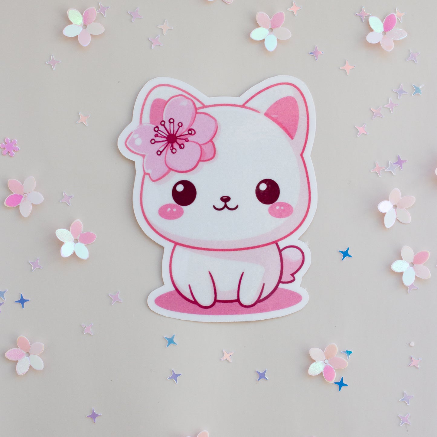 Kawaii Katze Kirschblüten Vinyl Sticker, Einzelansicht auf weißem Hintergrund, Pastell Pink
