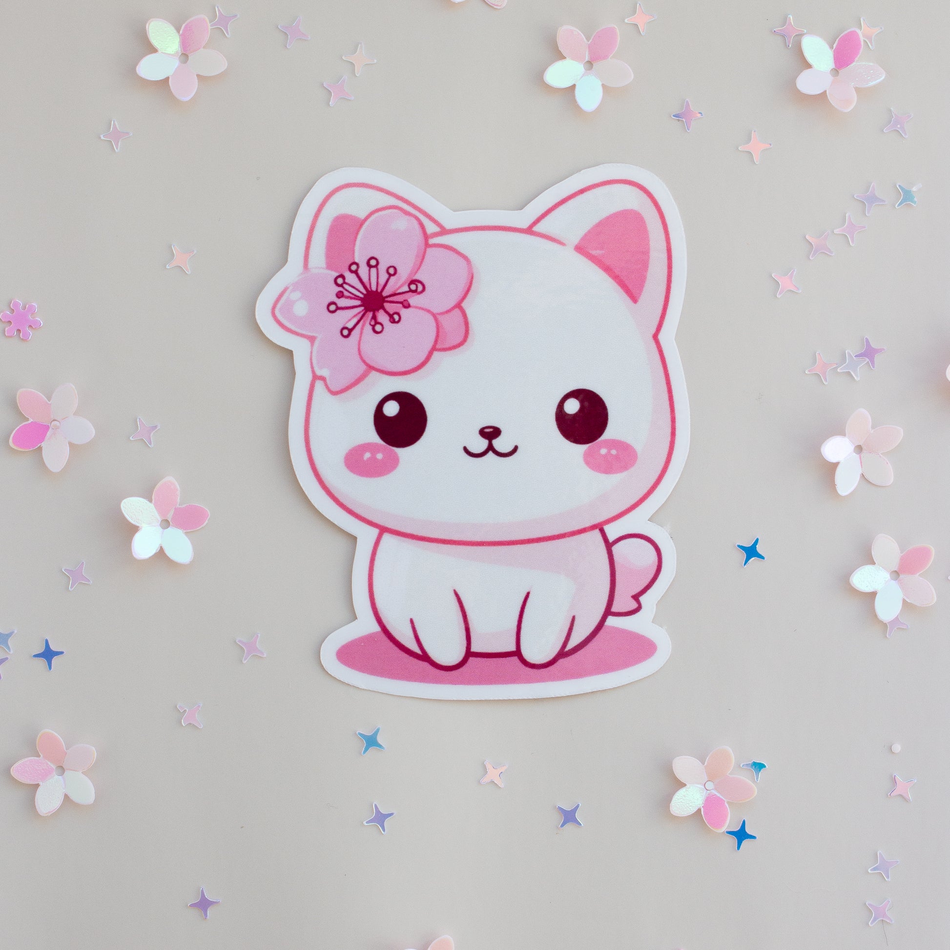 Kawaii Katze Kirschblüten Vinyl Sticker, Einzelansicht auf weißem Hintergrund, Pastell Pink
