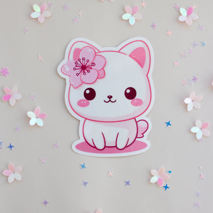 Kawaii Katze Kirschblüten Vinyl Sticker, Einzelansicht auf weißem Hintergrund, Pastell Pink
