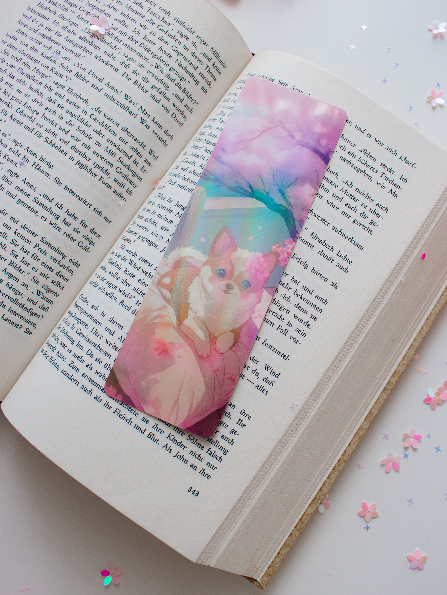 Niedliches Corgi-Lesezeichen in Rosa und Mint, minimalistisches kawaii Design mit Kirschblüten