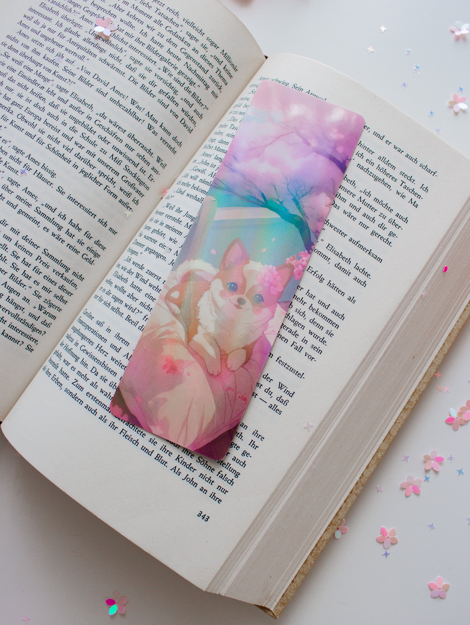 Niedliches Corgi-Lesezeichen in Rosa und Mint, minimalistisches kawaii Design mit Kirschblüten