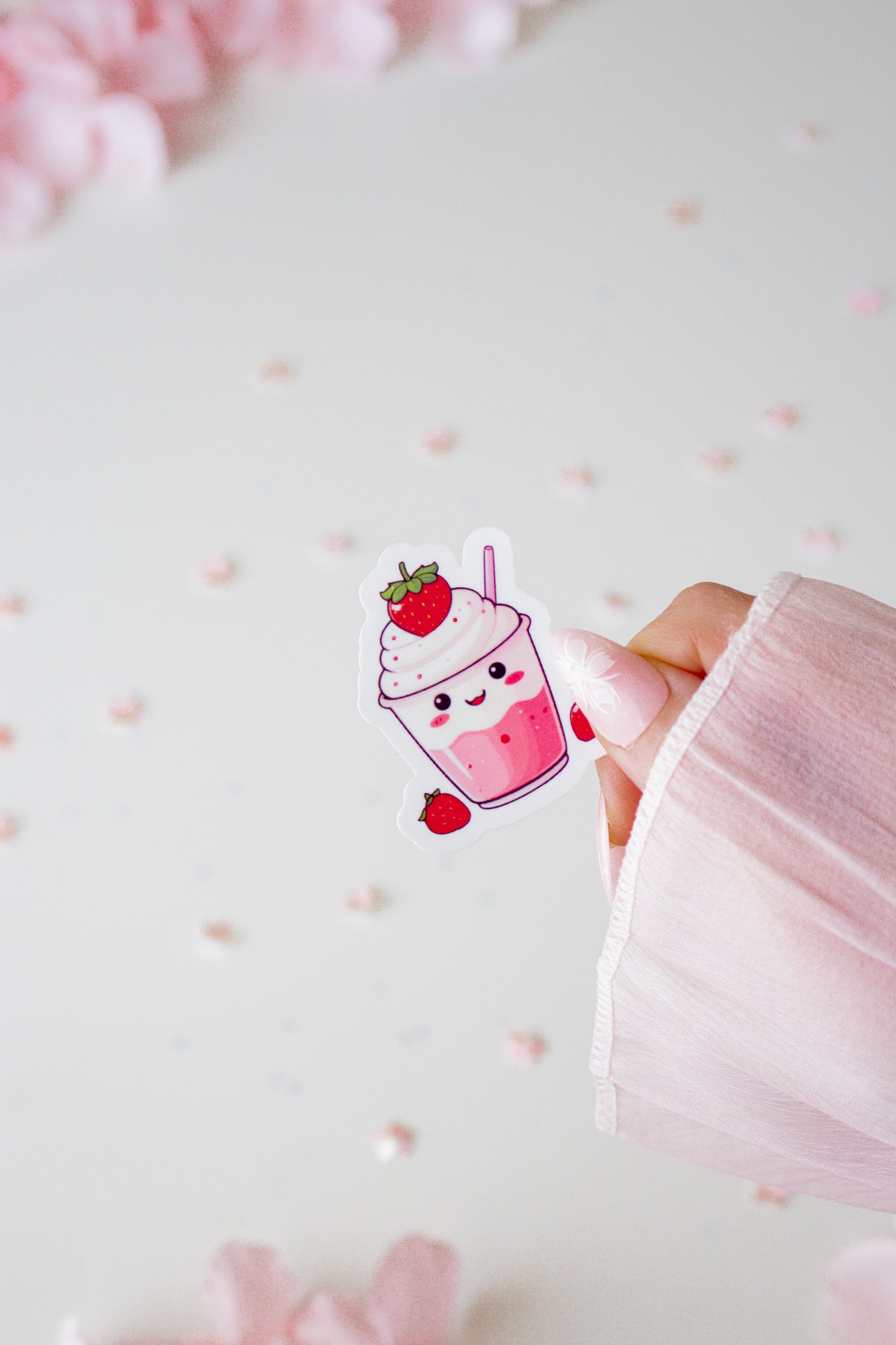 Kawaii Erdbeer Milkshake Sticker, gehalten von einer Hand vor hellrosa Hintergrund