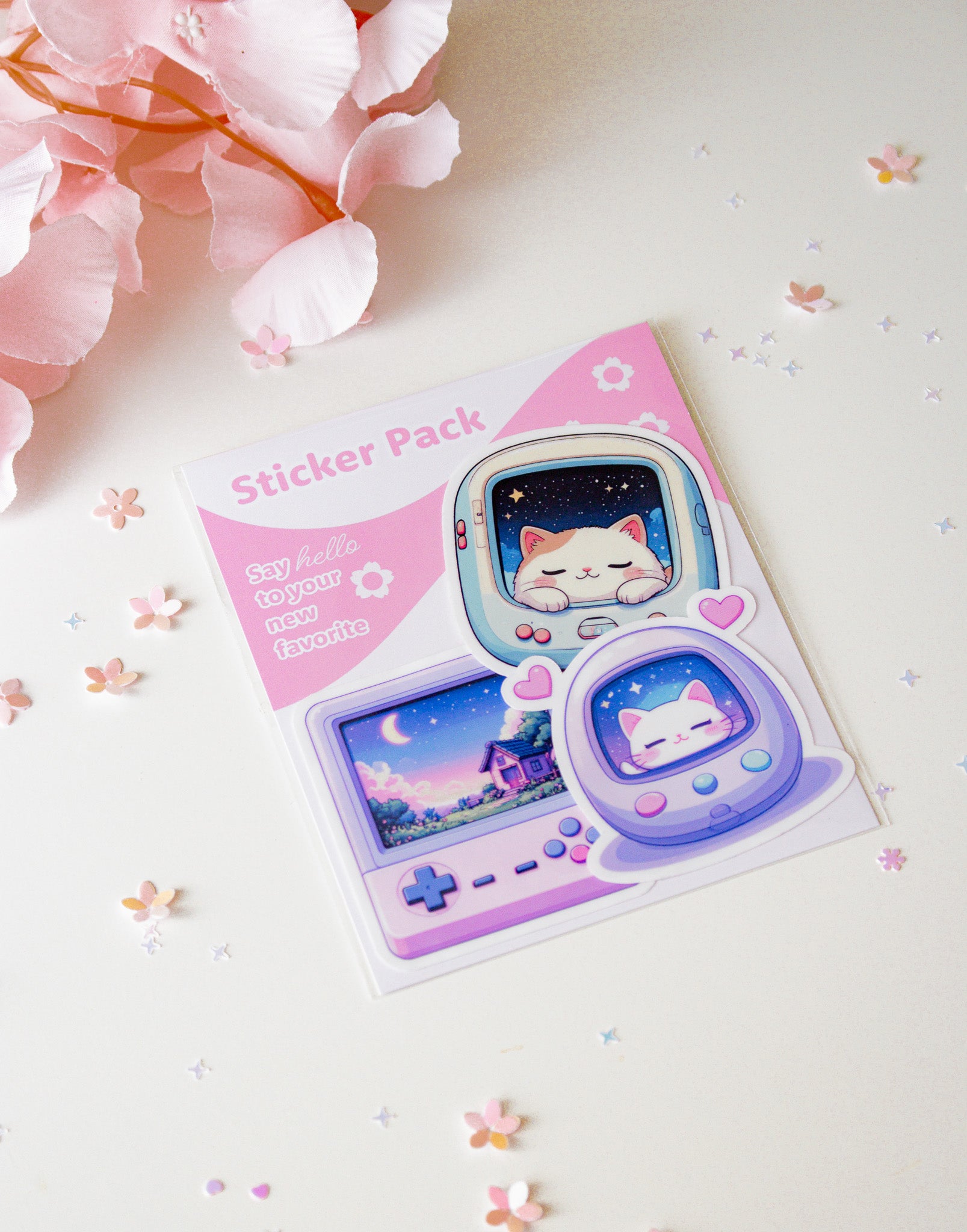 Gaming Cat Sticker Pack – Kawaii Katze Retro Gameboy Vinyl Sticker auf rosa Hintergrund mit Kirschblüten
