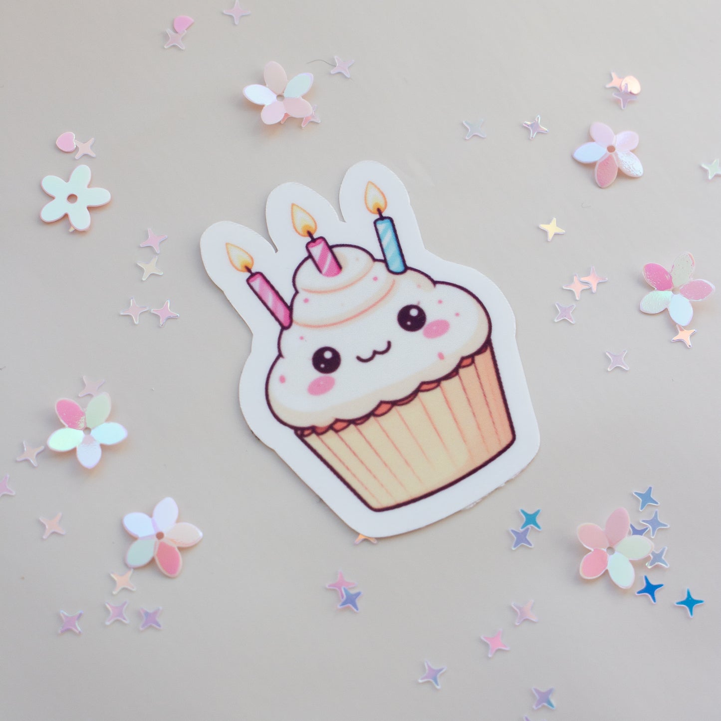 Kawaii Cupcake Geburtstag Sticker Produktansicht auf weißem Hintergrund, Pastell Aesthetic
