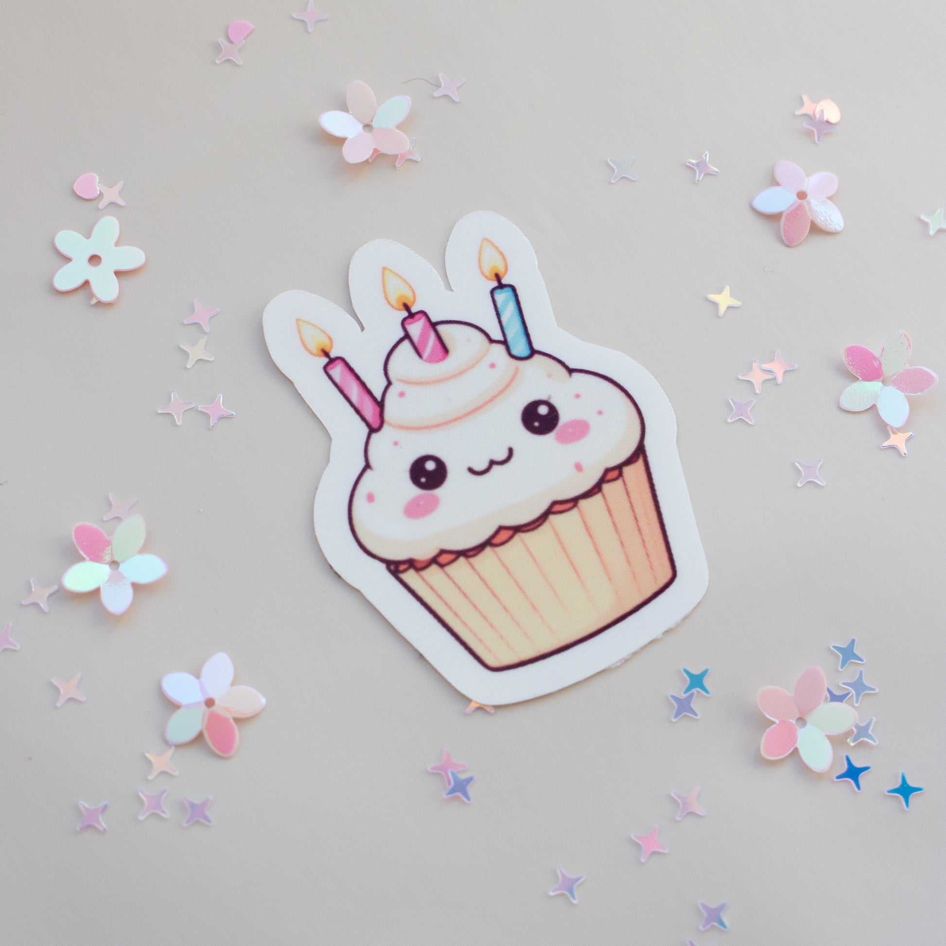 Kawaii Cupcake Geburtstag Sticker Produktansicht auf weißem Hintergrund, Pastell Aesthetic
