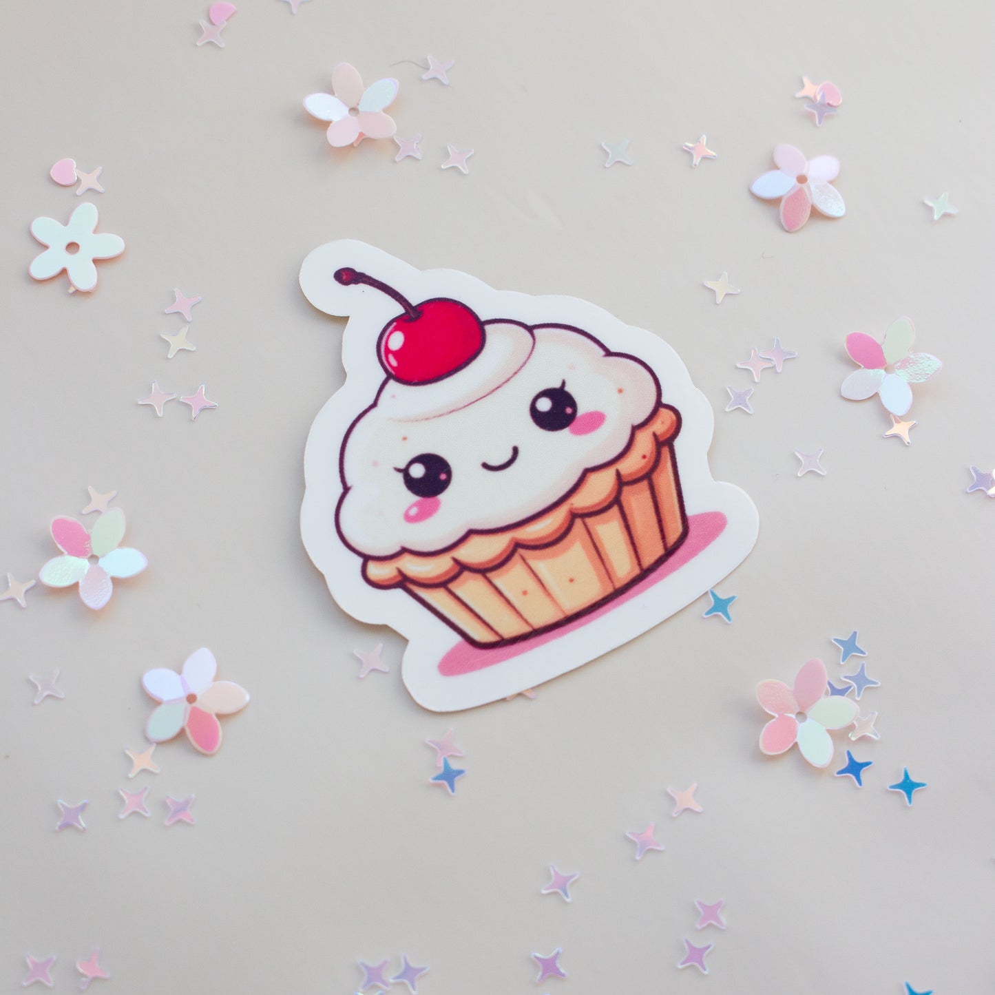 Kawaii Cupcake Kirsche Sticker Produktansicht auf weißem Hintergrund, Pastell Aesthetic
