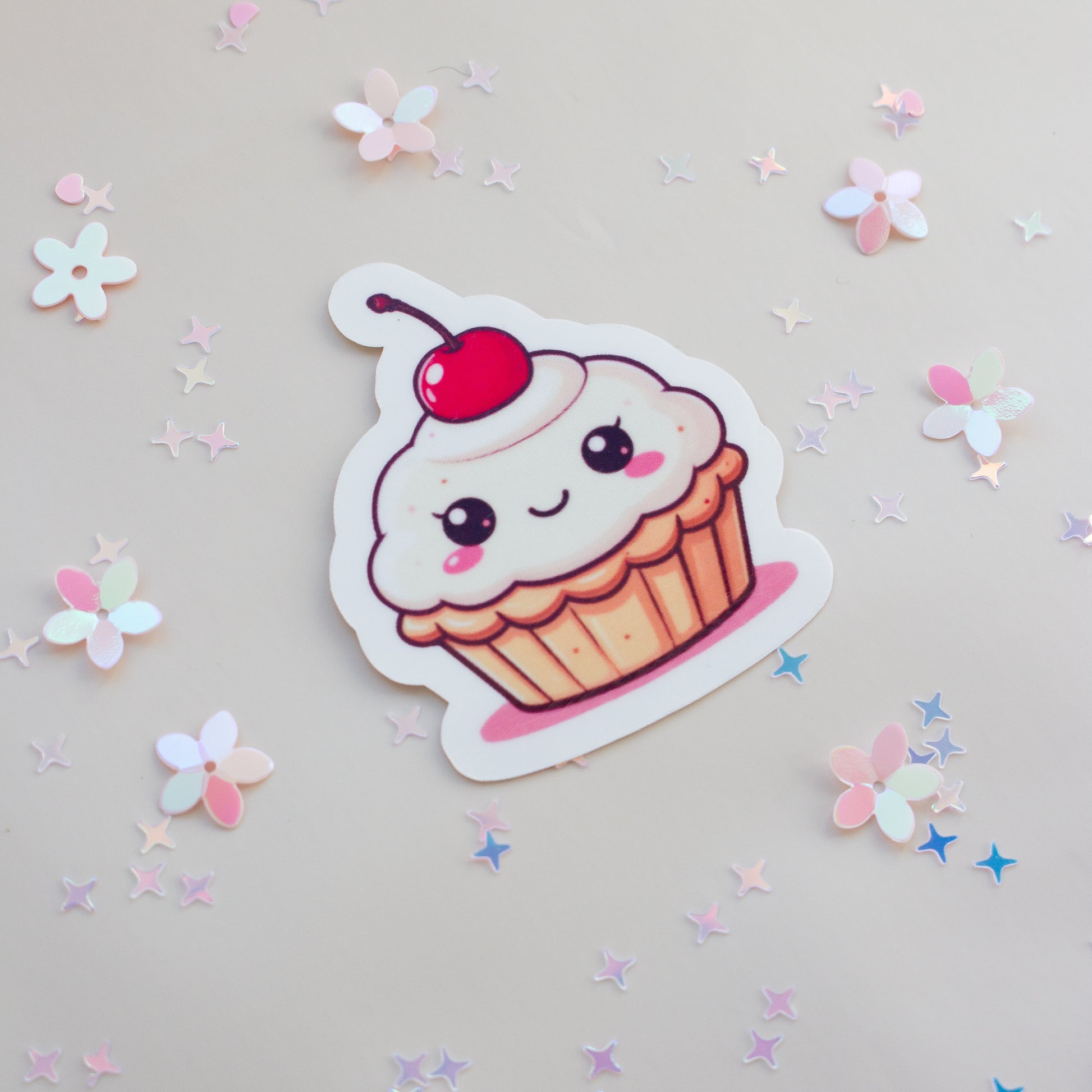 Kawaii Cupcake Kirsche Sticker Produktansicht auf weißem Hintergrund, Pastell Aesthetic
