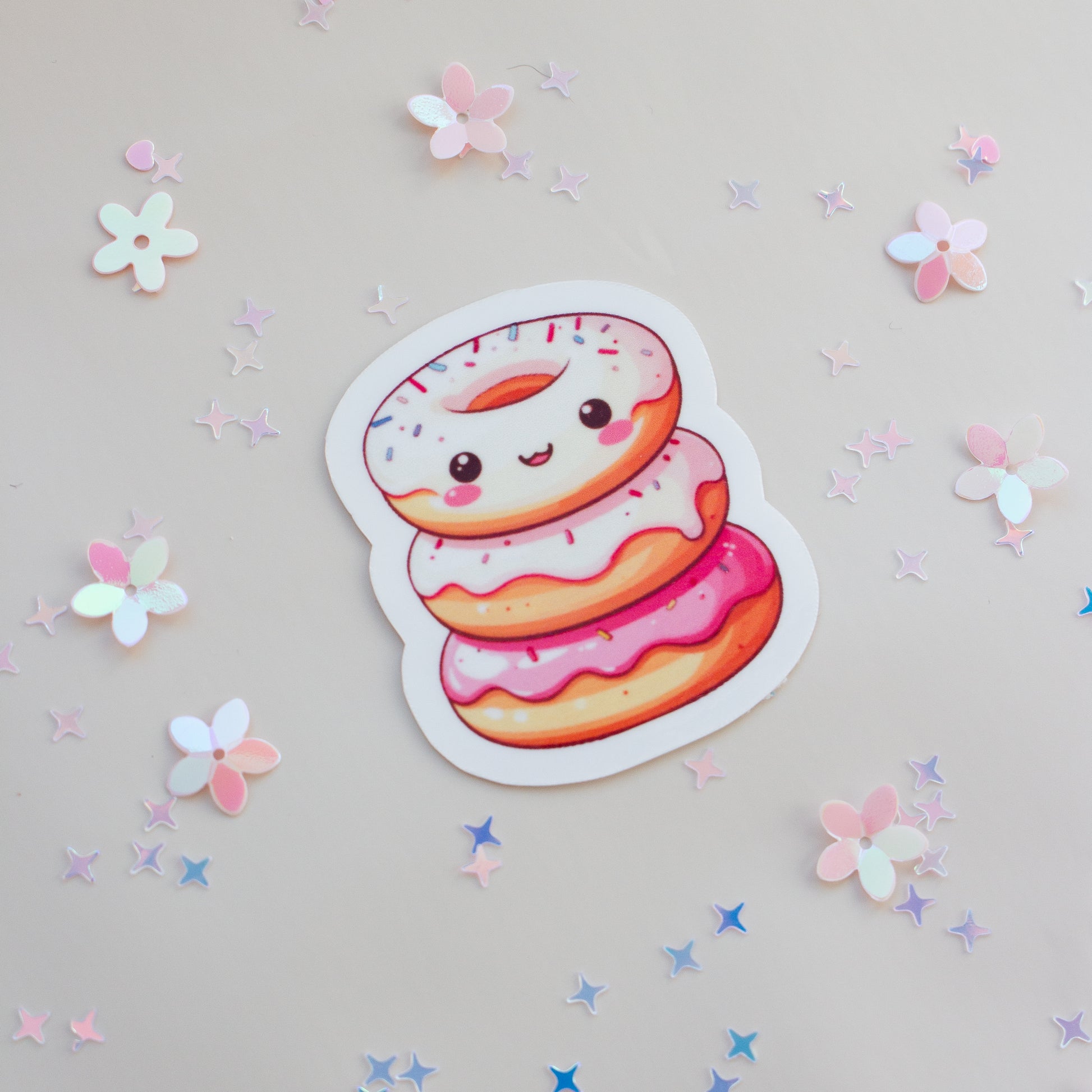 Kawaii Donut Stack Sticker Produktansicht auf weißem Hintergrund, Streusel & Pastell Aesthetic
