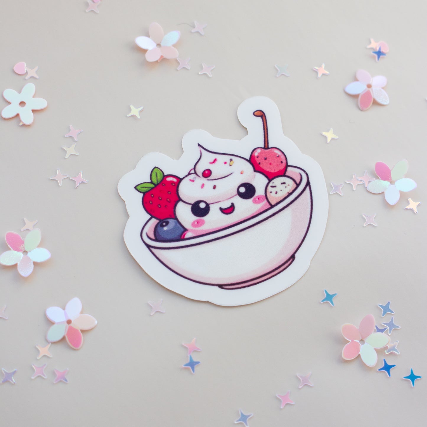 Kawaii Eiscreme Bowl Sticker Produktansicht auf weißem Hintergrund, Pastell Aesthetic
