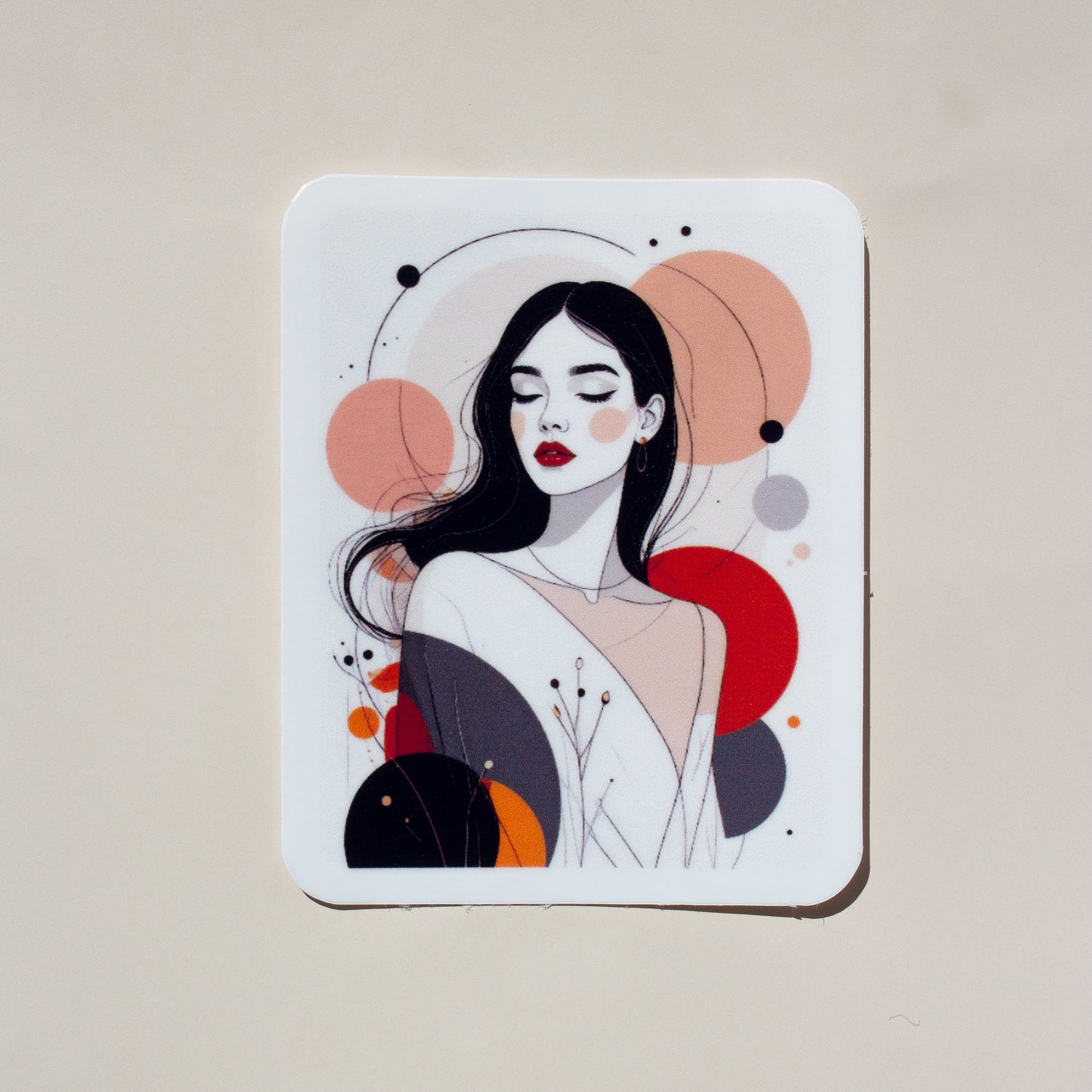 Kawaii Frau Illustration Vinyl Sticker mit abstrakten Kreisen in Rot, Orange & Altrosa

