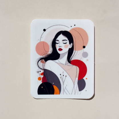 Kawaii Frau Illustration Vinyl Sticker mit abstrakten Kreisen in Rot, Orange & Altrosa
