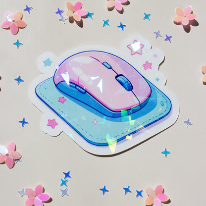 Kawaii Gaming Mouse Sticker , Vinyl, Glossy, Lifestyle-Ansicht auf Notizbuch, splitter holografisch
