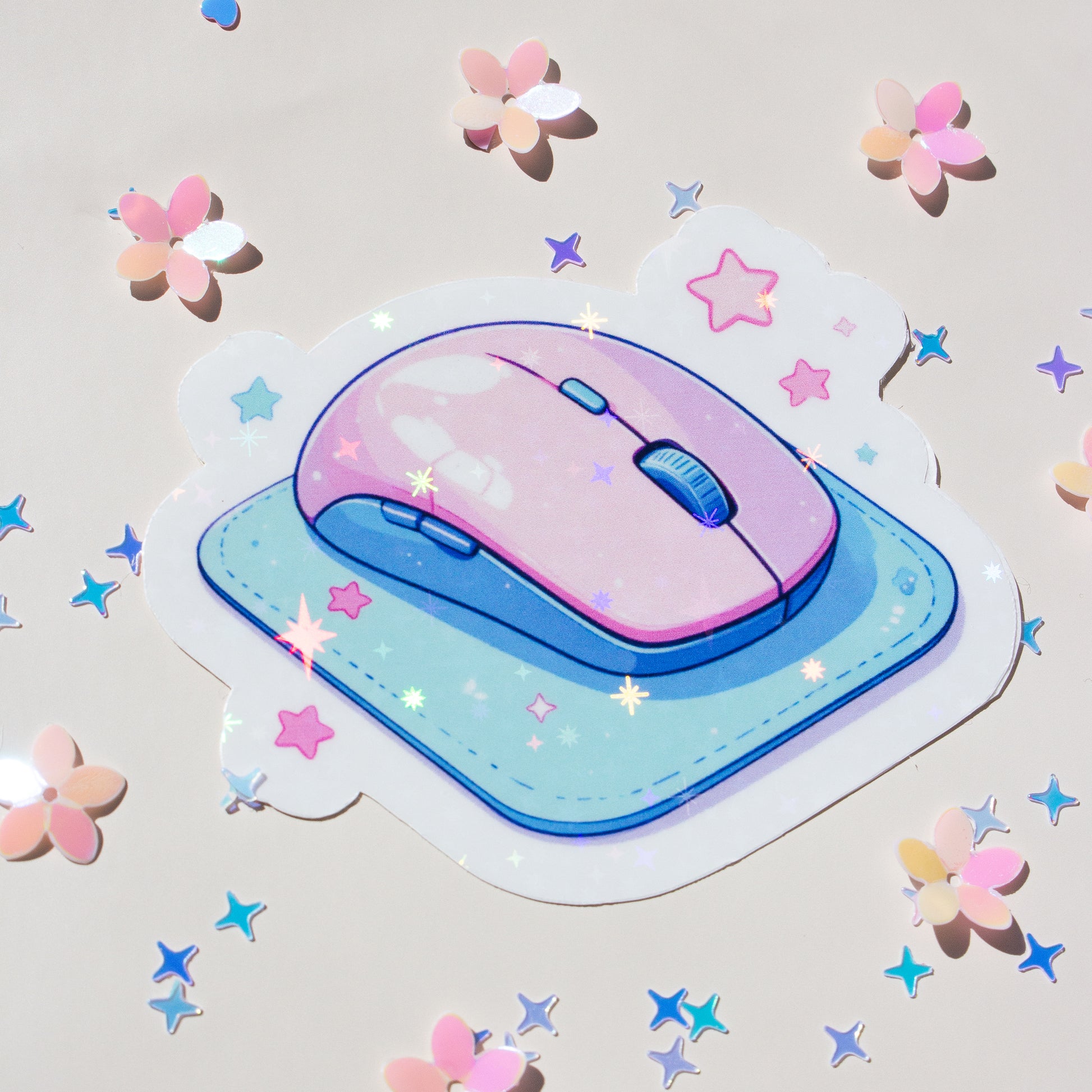 Kawaii Gaming Mouse Sticker Vinyl, Glossy, Lifestyle-Ansicht auf Notizbuch, stars holografisch