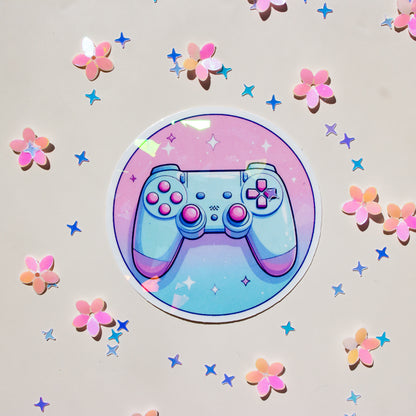 Kawaii Gaming Vinyl Sticker – Holographic Splitter, Lifestyle Ansicht auf Laptop ,blau rosa