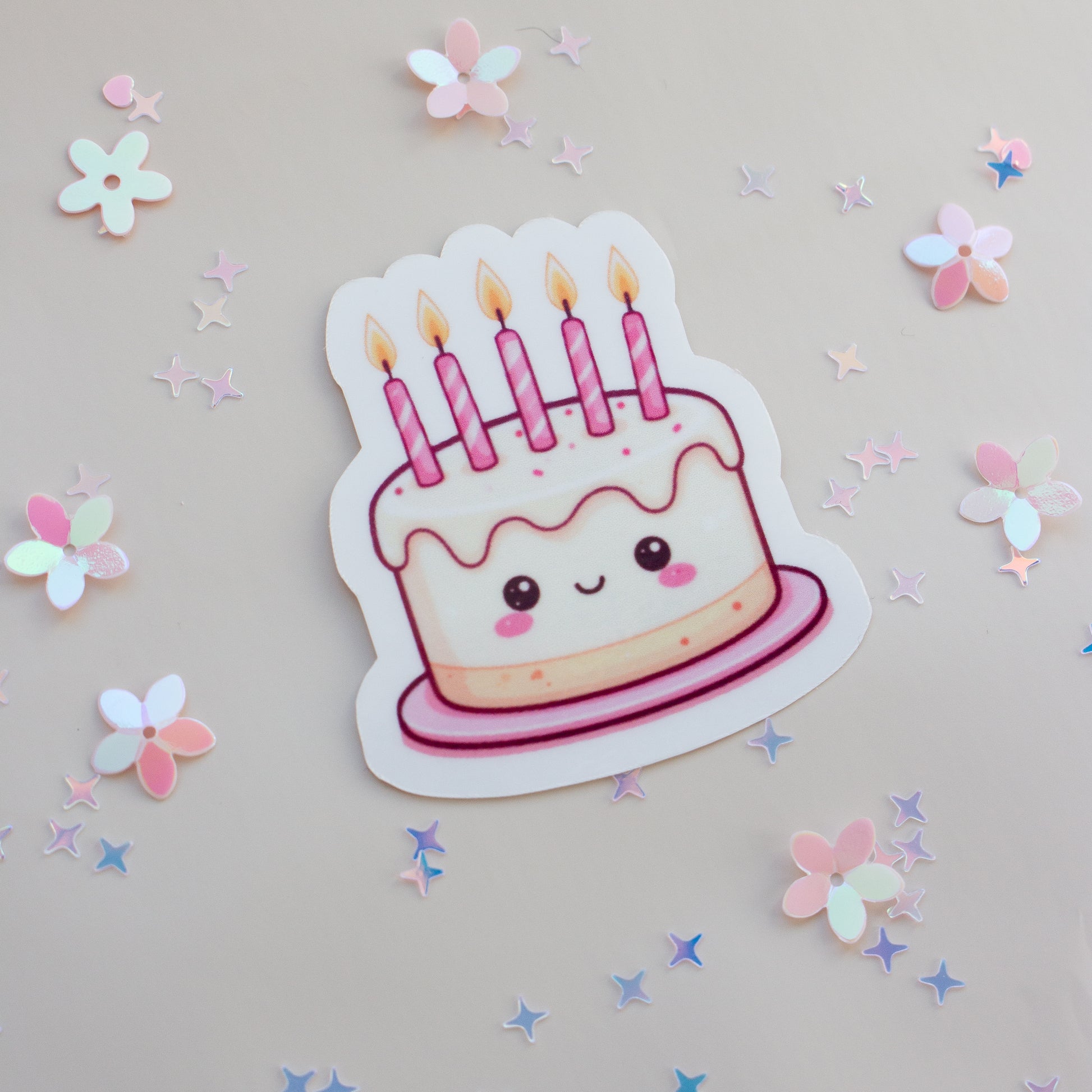 Kawaii Geburtstagstorte Sticker Produktansicht auf weißem Hintergrund, Pastell Aesthetic
