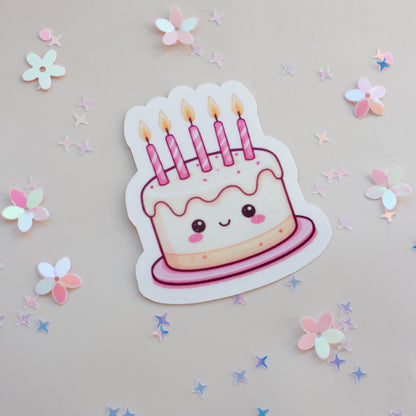 Kawaii Geburtstagstorte Sticker Produktansicht auf weißem Hintergrund, Pastell Aesthetic
