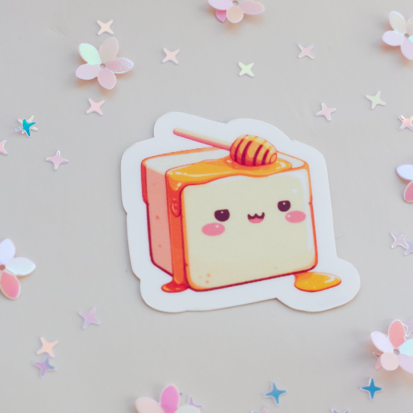 Kawaii Honey Toast Sticker – Detailansicht, wasserfester Vinyl Sticker
