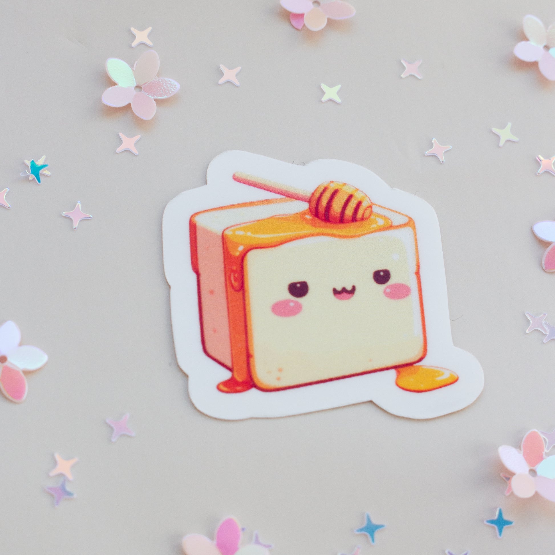 Kawaii Honey Toast Sticker – Detailansicht, wasserfester Vinyl Sticker
