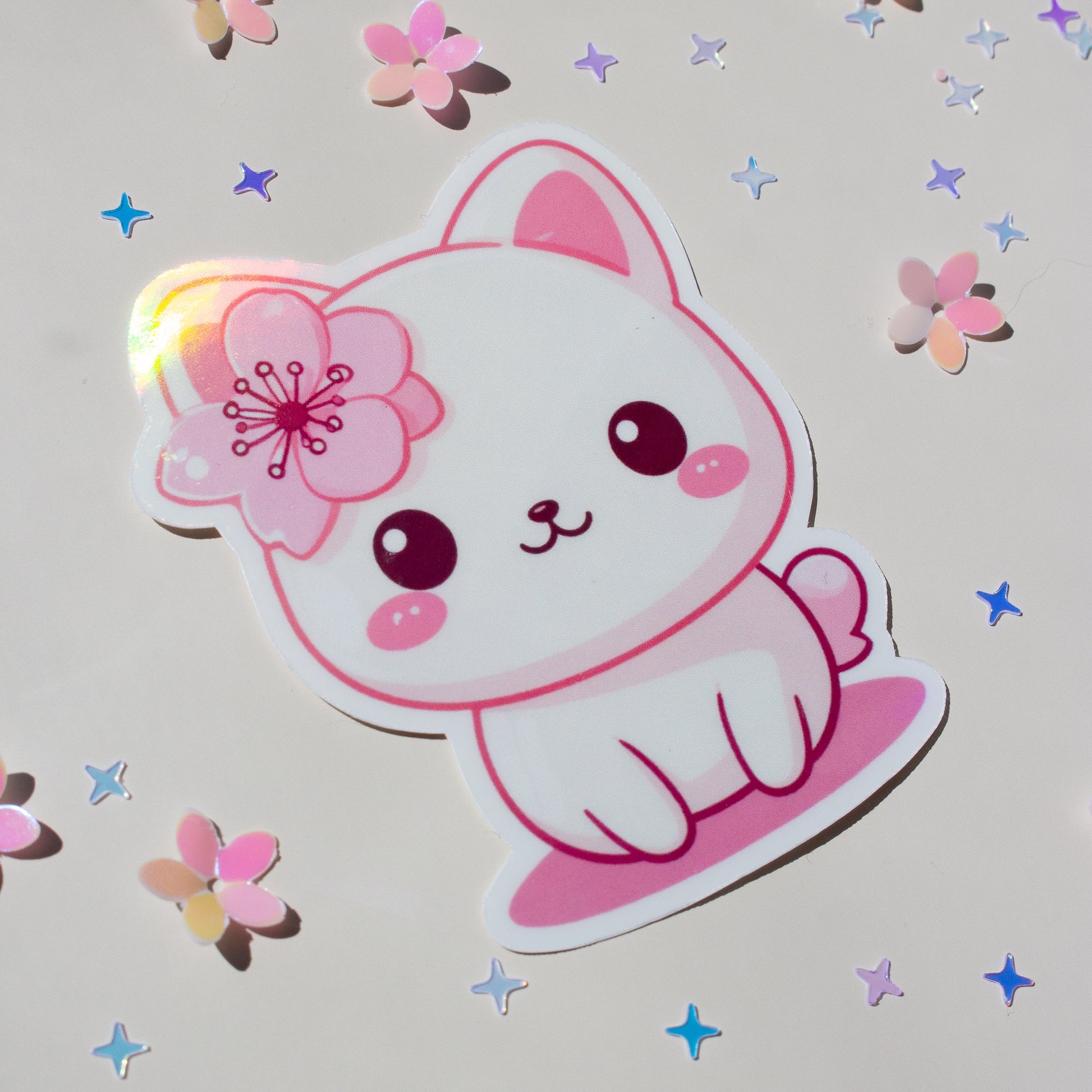 Kawaii Katze Kirschblüten Vinyl Sticker Bundle, laminiert, Pastell Pink, niedlicher Kawaii-Stil

