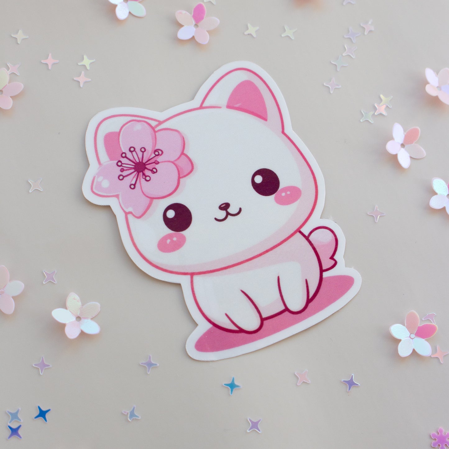 Kawaii Katze Kirschblüten Sticker Glossy, Nahaufnahme mit Regenbogen-Effekt, holografisch schimmernd
