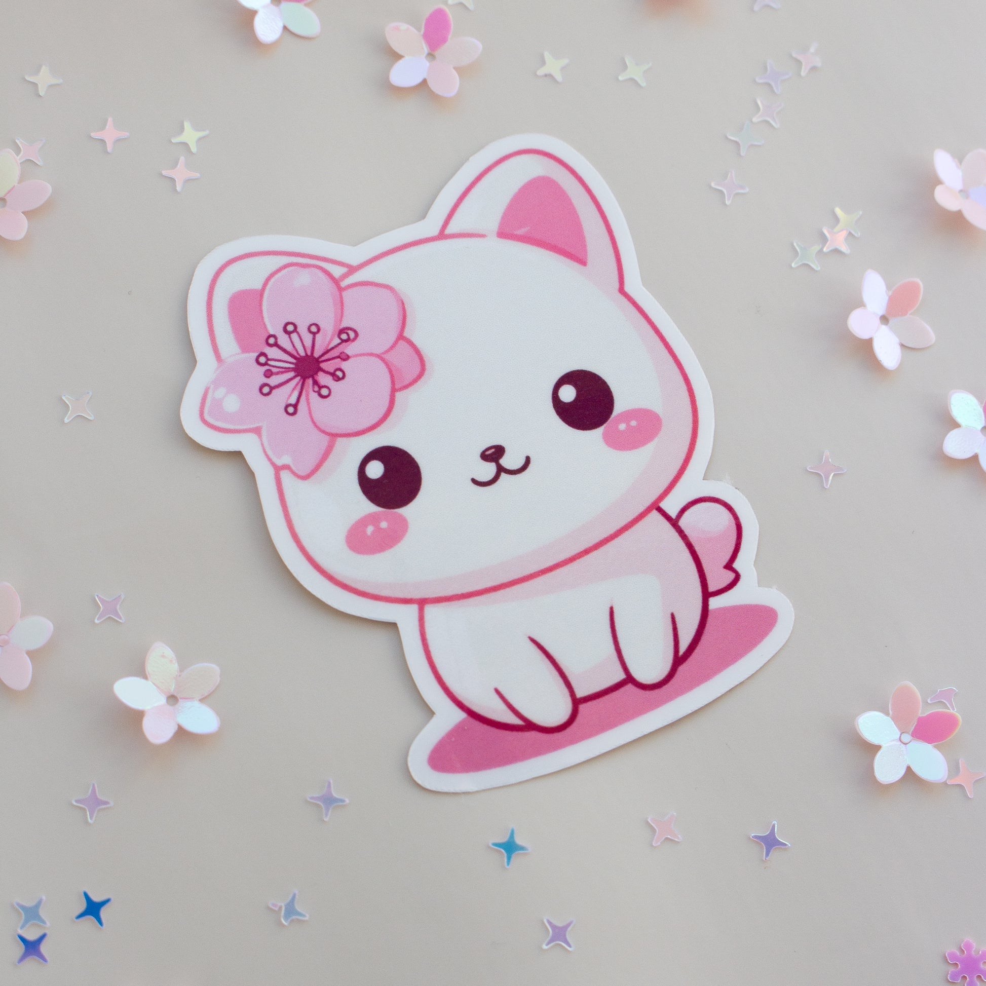 Kawaii Katze Kirschblüten Sticker Glossy, Nahaufnahme mit Regenbogen-Effekt, holografisch schimmernd
