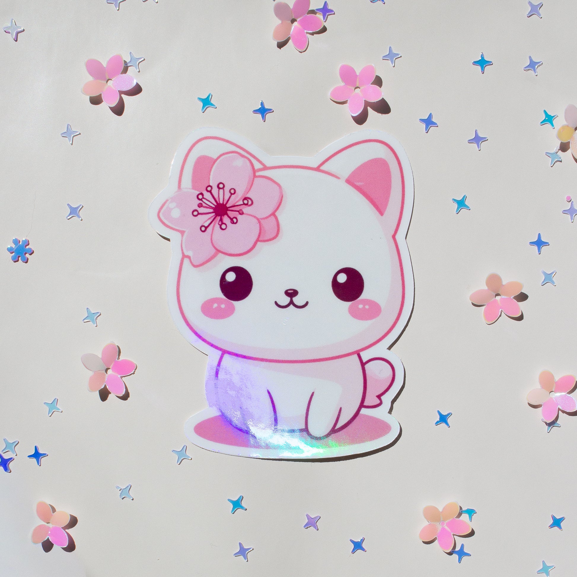 Kawaii Katze Kirschblüten Sticker einzeln, süßer Anime-Stil, Glossy Finish, Rosa & Weiß
